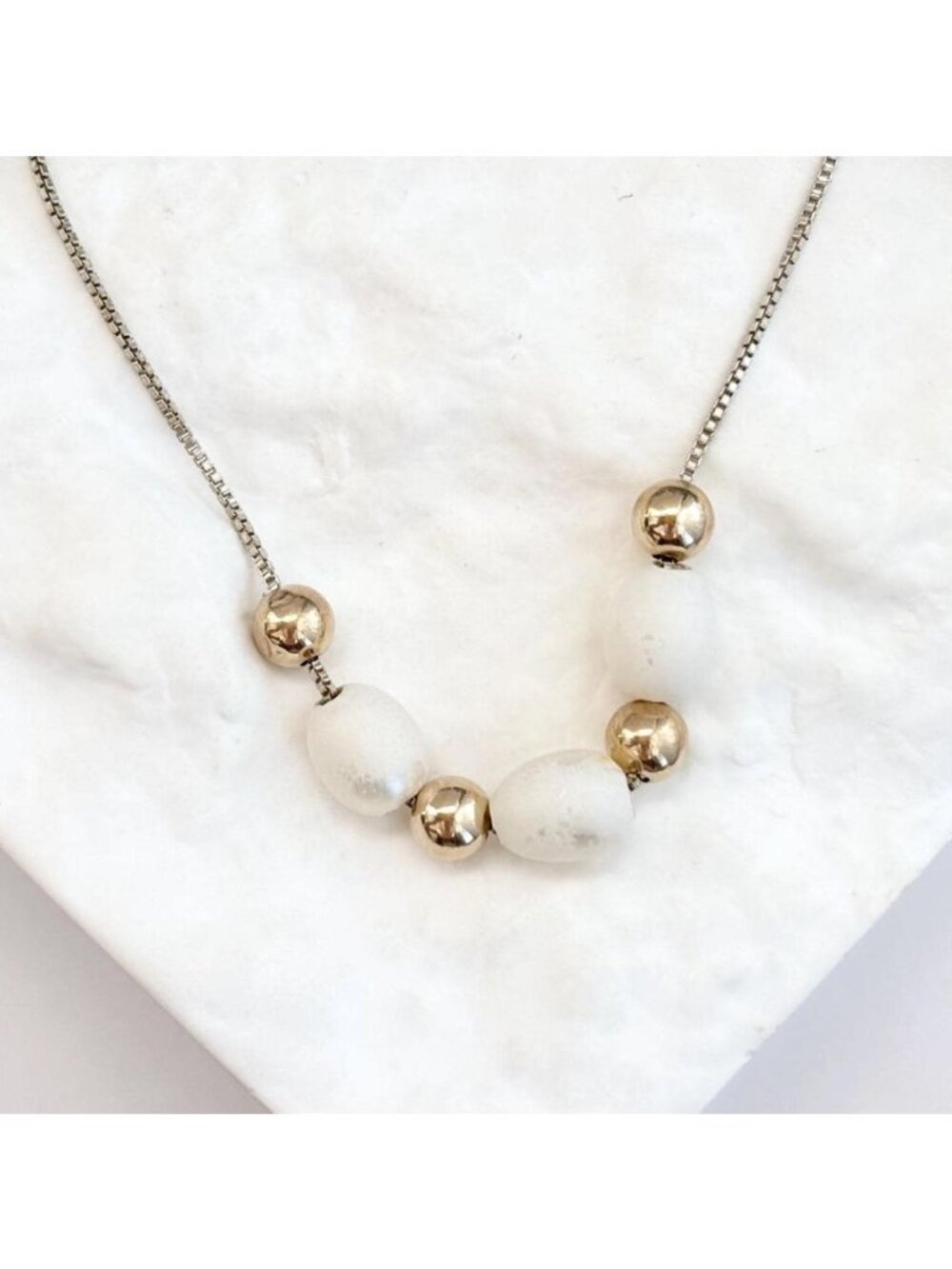 Beaded Pearl & Gold Vemeil Over Box Chain Sterling Silver 925 Necklace - 17"